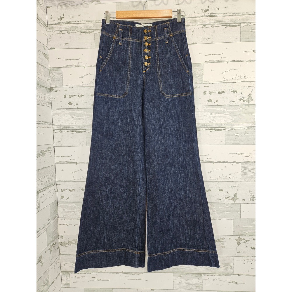 Pilcro Anthropologie Wide Leg Jeans Dark Wash Button Fly Denim Size 25 High Rise